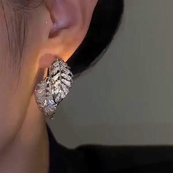 Double Edge Side Zircon Earrings, Feather Dangle Wedding Anniversary B… - Picture 3 of 5